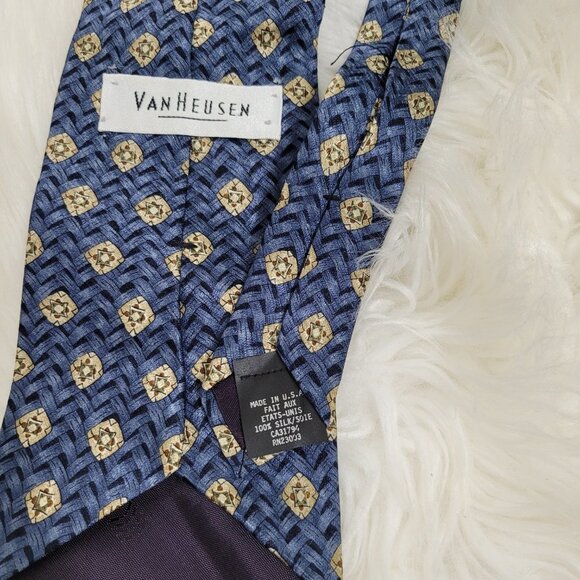 Van Heusen Vintage Blue Long Neck Tie Diamond and Weave Print Pattern Wide Retro - Picture 4 of 5